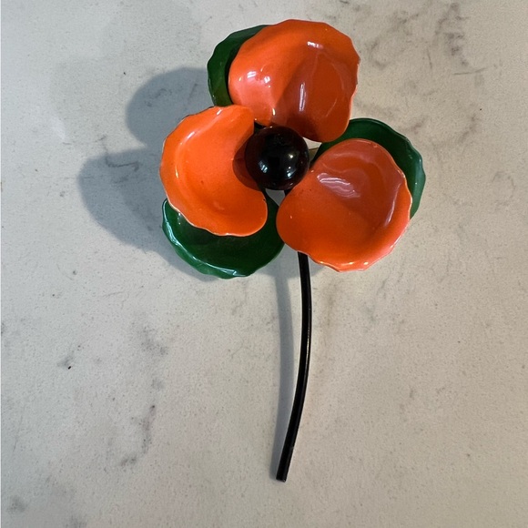 Jewelry - Vintage Orange and Green Enamel Poppy Flower Brooch